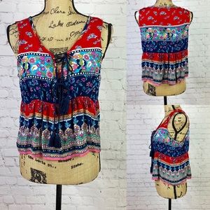 Patrons of Peace Crinkly Boho Print Front Tassel Ties Top